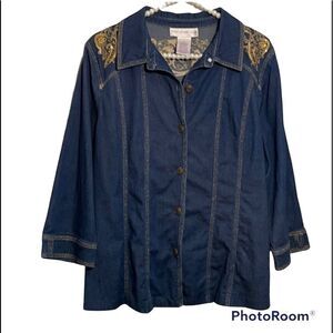 Susan Graver Denim Shirt Gold Embroidery Brass Buttons Women’s Large Western